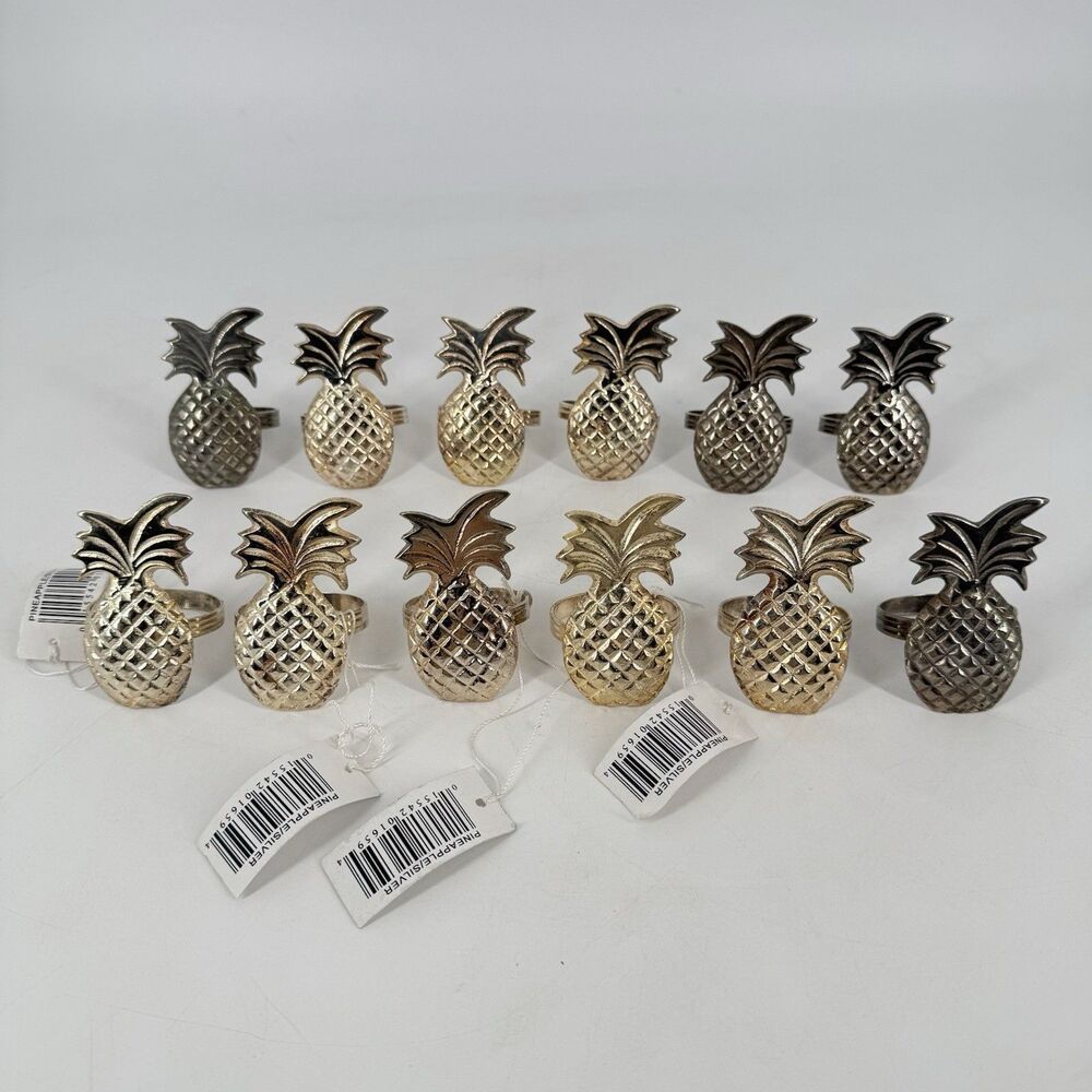Set of 12 Pineapple Metal Napkin Rings Silver Tone 2.5” Table Decor India